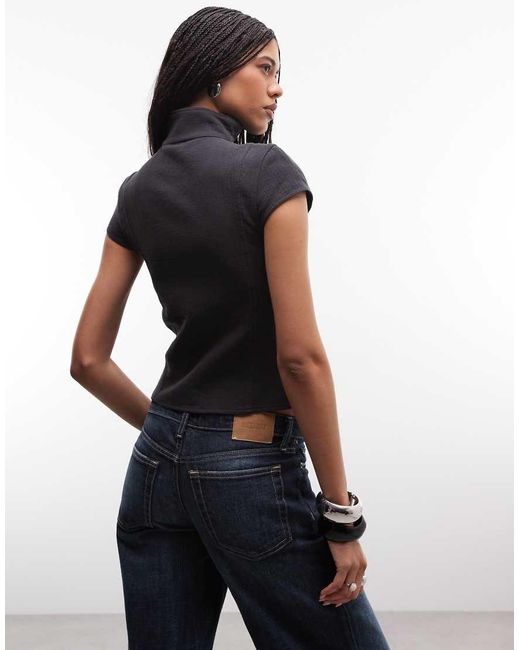Weekday Blue High Neck Crinkle Double Button Up Top