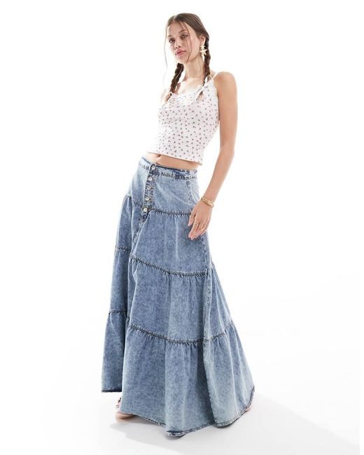 Don't Think Twice Blue Dtt Ruffle Denim Maxi Skirt