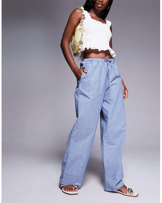 Princess Polly Blue Veridian Linen Look Drawstring Waist Wide Leg Trousers