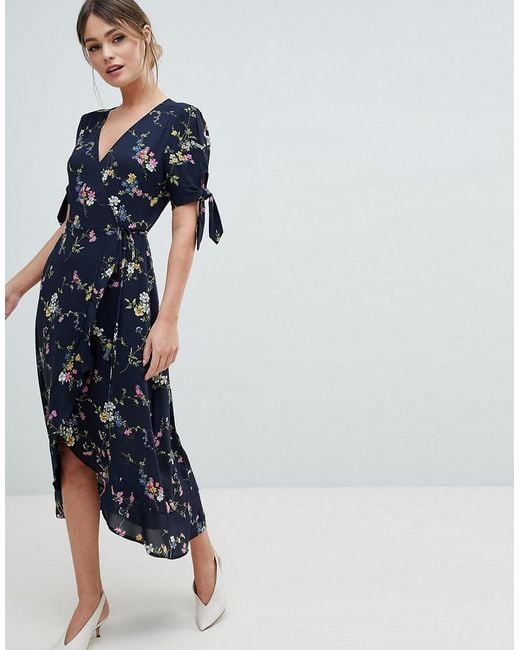 Oasis Floral Print Ruffle Hem Wrap Midi Dress in Blue | Lyst