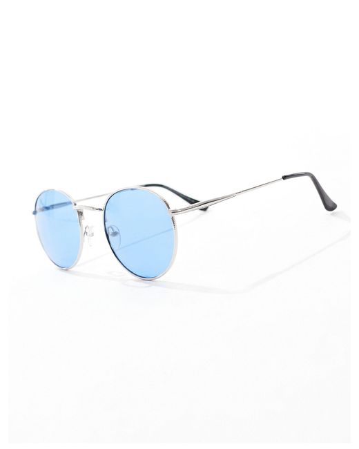 ASOS Black 90s Round Sunglasses With Blue Lens for men