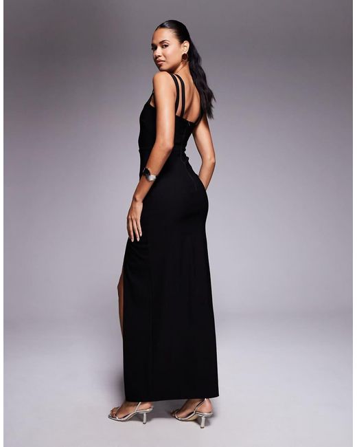 Vesper Black Bengaline Strappy Sweetheart Neck Maxi Dress
