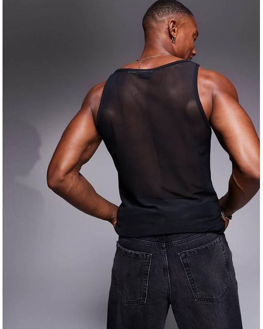 Camiseta Negra Ajustada De Tirantes Con Cuello Cuadrado De Malla De ASOS de hombre de color Black