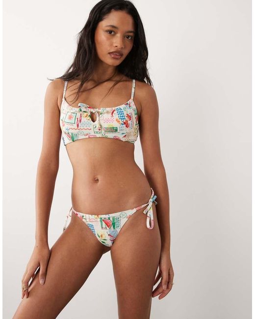 Accessorize Brown Postcard Print Ruched Bikini Top