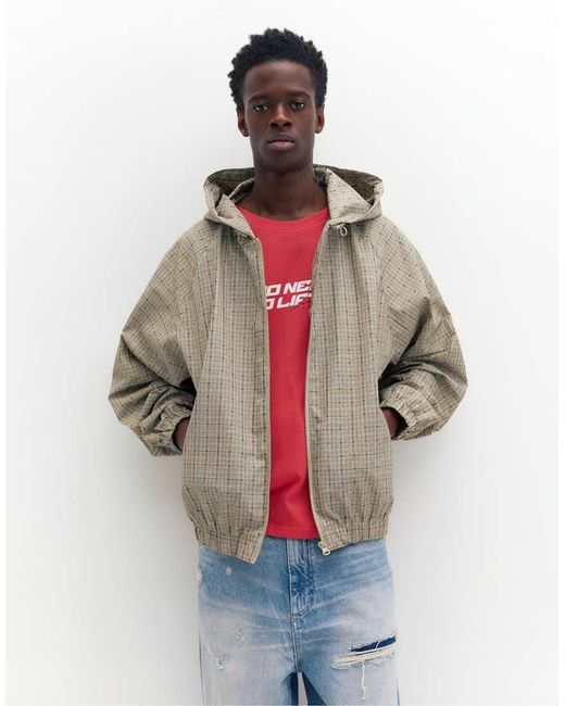 Pull&Bear Brown Lightweight Checked Hooded Raincoat for men