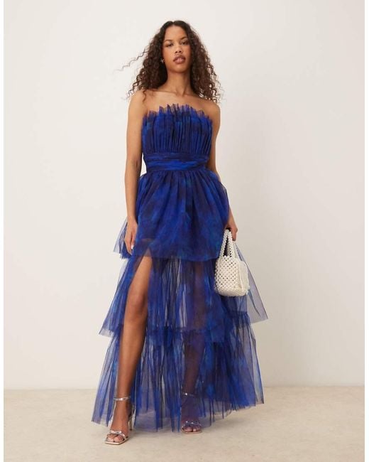 LACE & BEADS Bandeau Tulle Maxi Dress in Blue | Lyst UK