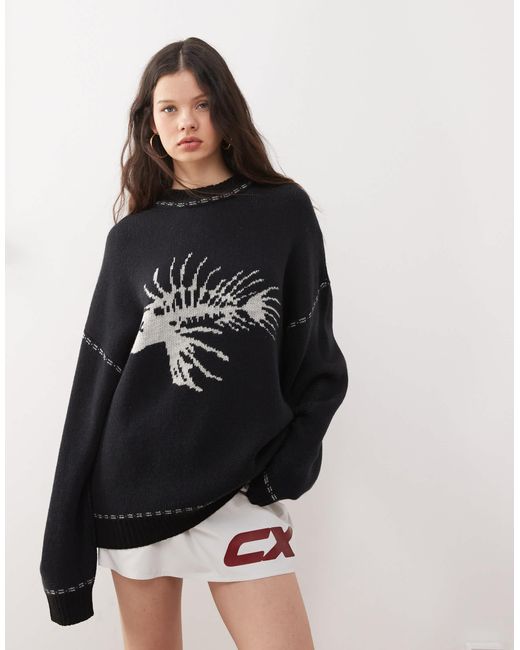 Collusion Black Unisex Knitted Sweater With Fish Bones Print
