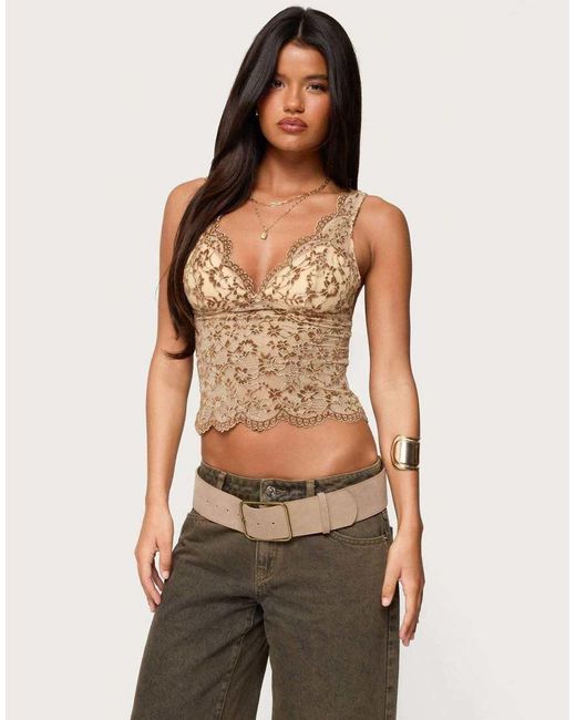 Edikted Brown Araura Velvet Floral Sheer Top