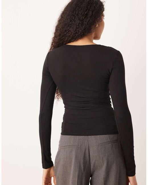 Gina Tricot Black V Neck Lace Detail Long Sleeve Slim Fit Top