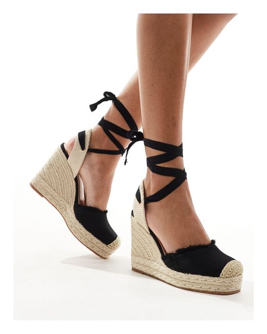 Truffle Collection Black Jute Wedge Strappy Espadrilles