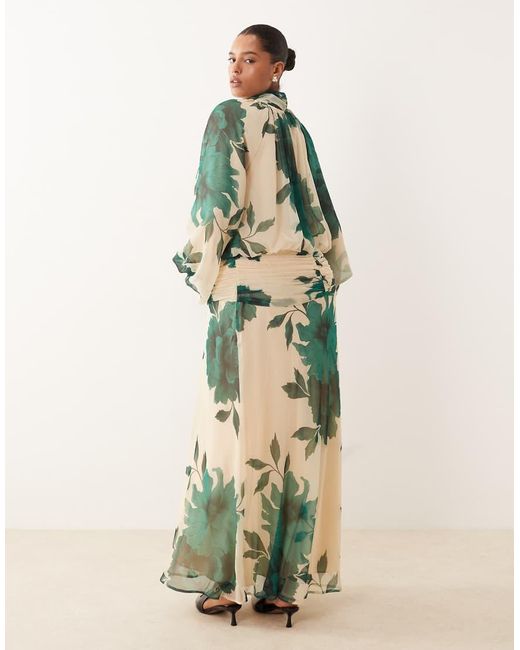 ASOS Green Asos Design Curve High Neck Drape Chiffon Maxi Dress With Neck Tie