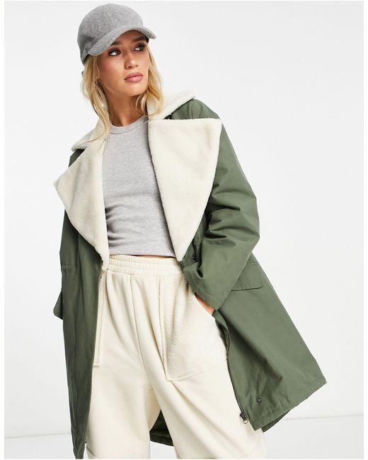 ASOS Quilt Lined Parka Coat With Borg Collar in Green | Lyst Canada