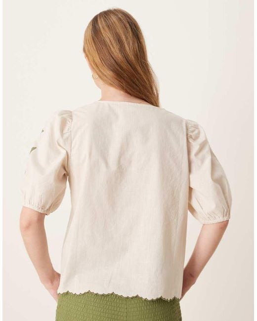 Jdy Natural Tie Front Blouse With Green Embroidery Details