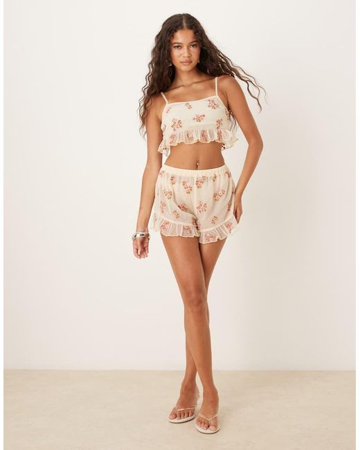 ASOS Brown Sheer Frill Hem Crop Top With Embroidery