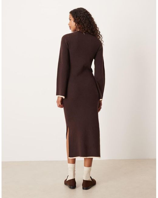 Vila Natural Fluffy Texture Knitted Midi Dress With Constrast Tipping