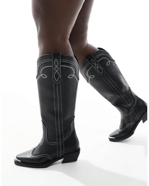 ASOS Black Curve – celeste – flache, kniehohe cowboystiefel