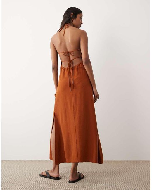 Miss Selfridge Brown Linen Look Halter Maxi Dress