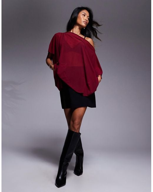 ASOS Red Mesh Sheer Slouchy Longline Off-shoulder Cape Top