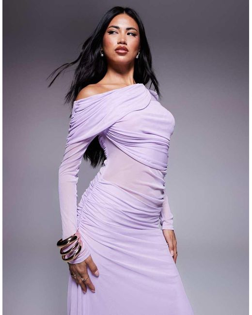 ASOS Purple Long Sleeve Slouchy Bardot Mesh Mix Maxi Dress