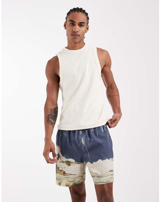 ASOS Blue Mid Length Swim Shorts With Beach Photo Print for men