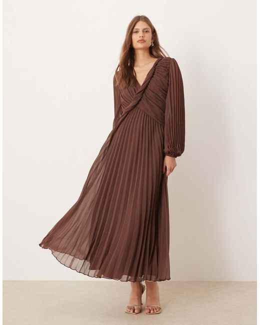 ASOS Brown Twist Detail Wrap Front Pleated Midi Dress
