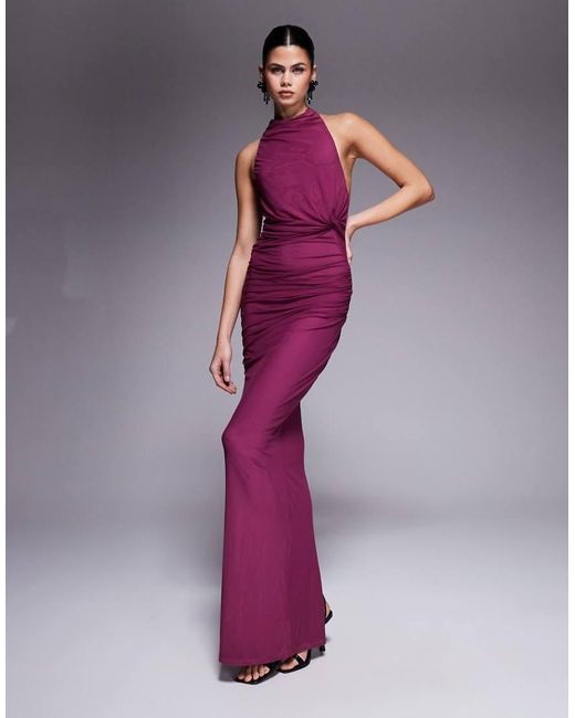 ASOS Purple Twisted Bust Detail Mesh Maxi Dress With Tie Back Halter Neck