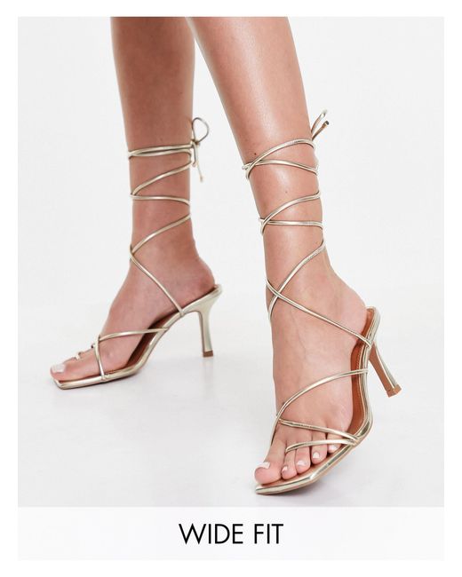ASOS Metallic Wide Fit Hailey Strappy Tie Leg Mid Heeled Sandals