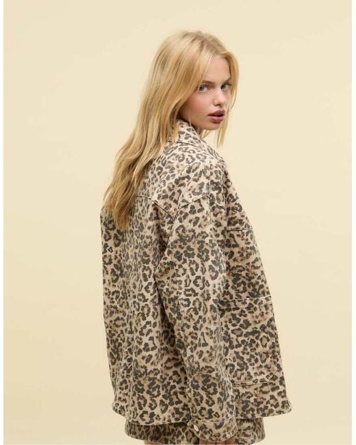 Stradivarius Natural Leopard Print Twill Jacket With Pockets