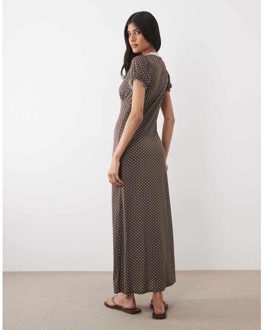 Miss Selfridge Brown V-Neck Maxi Tea Dress With Lace Trim