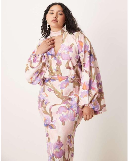 ASOS Pink Asos Design Curve High Neck Plunge Maxi Dress With Blouson Sleeves
