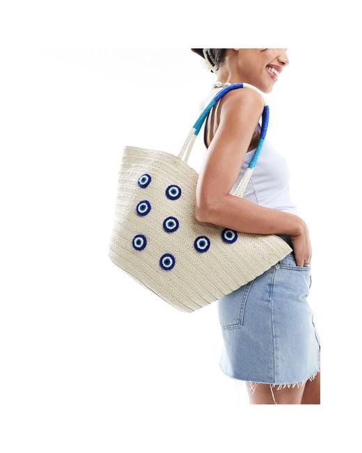 South Beach Blue Straw Basket Shoulder Bag With Eye Detail