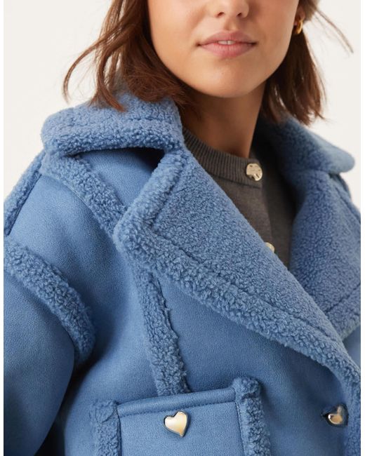 The Frolic Blue Exclusive Faux Shearling Gold Heart Button Detail Jacket