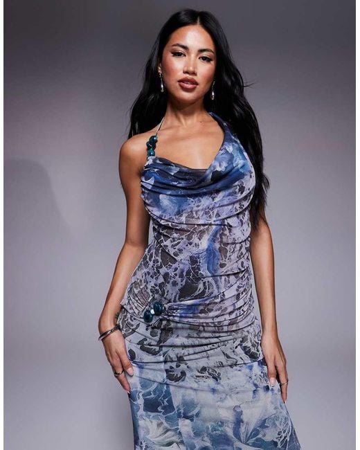 ASOS Blue Printed Halter Maxi Dress With Trim Detail