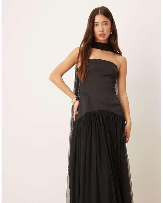 LACE & BEADS Black Tulle Bandeau Drop Waist Maxi Dress With Scarf