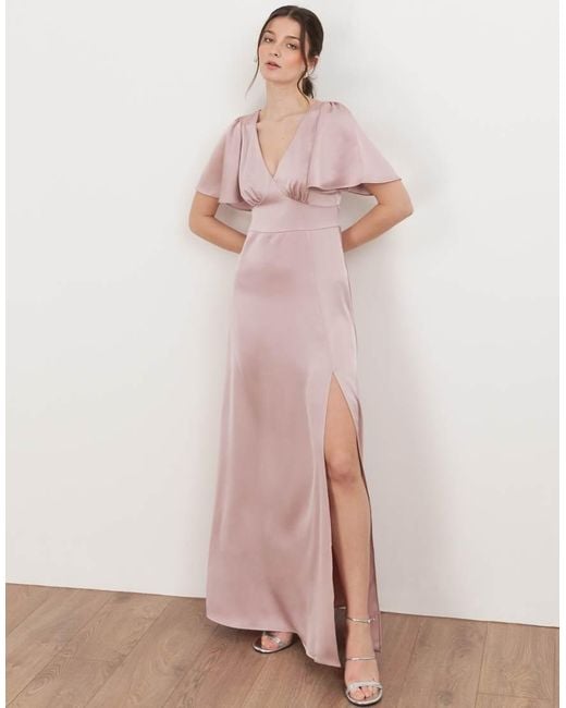Maya Pink V Neck Angel Sleeve Satin Maxi Dress
