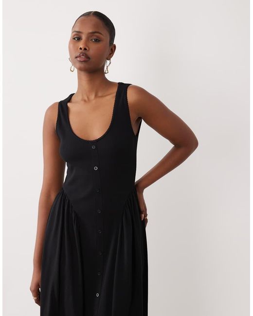 ASOS Black Button Down Picot Trim Midi Dress