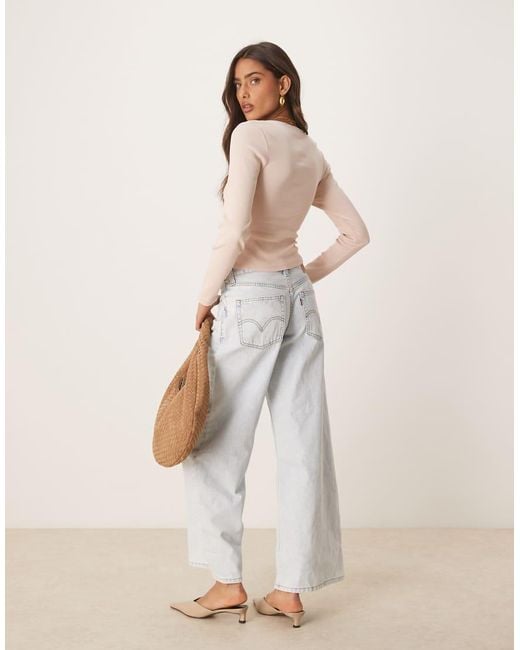 ASOS Natural Ribbed Long Sleeve Top With Lace And Button Detail