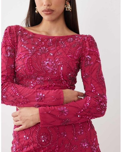 Beauut Red Fully Embellished Beaded Mesh Overlay Slash Neck Maxi Dress