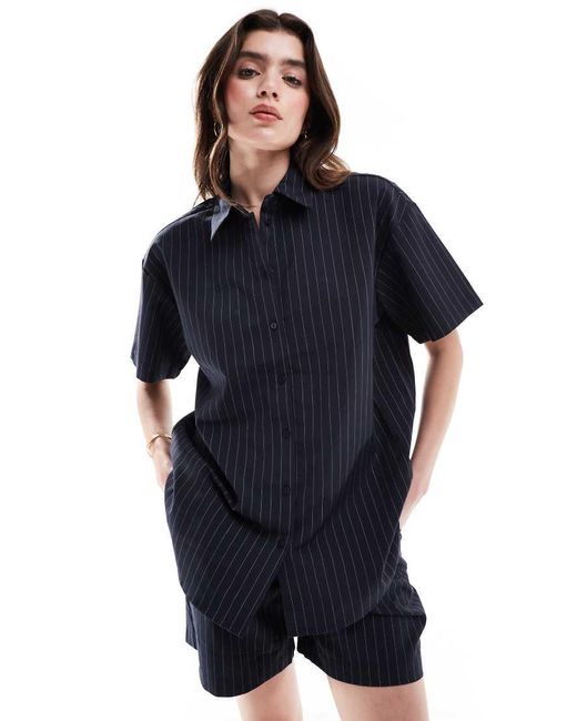 Jdy Blue Oversized Boxy Pinstripe Co-ord Shirt