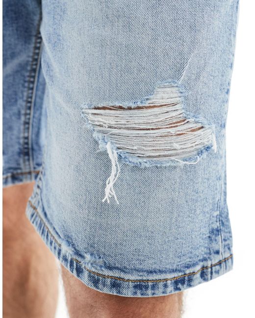 Pull&Bear – schmal geschnittene, zerrissene jeans-shorts in Blue für Herren