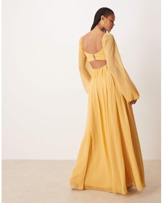 ASOS Yellow Asos Design Tall Long Sleeve Cut Out Maxi Dress With Ruched Skirt