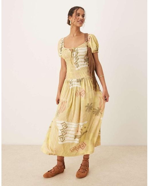 ASOS Metallic Crinkle Shirred Waist Milkmaid Puff Sleeve Midi Tea Dress