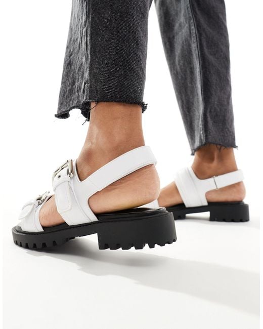 London Rebel White Double Buckle Chunky Sandals