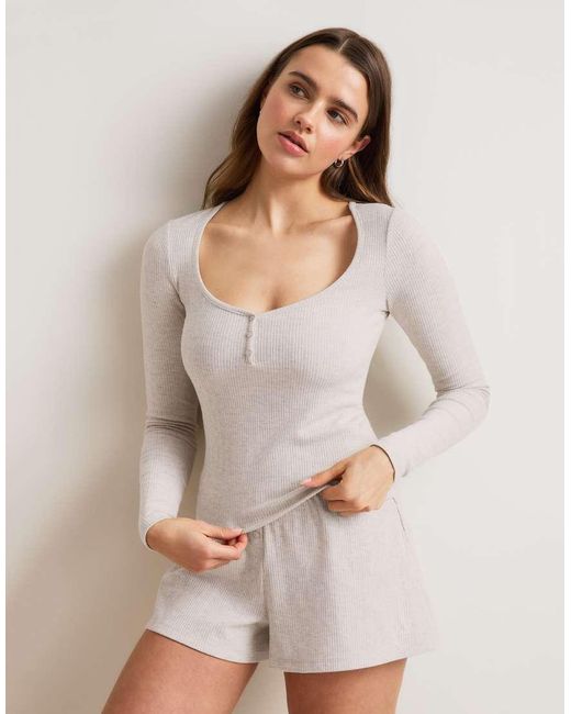 Tala Gray Soft Lounge Pointelle Sweetheart Long Sleeve Pyjama Top