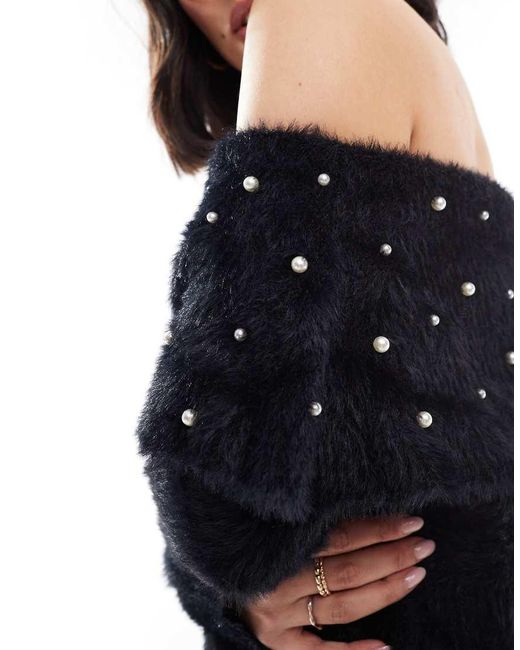 Lovedrobe Blue Pearl Embellished Bardot Jumper