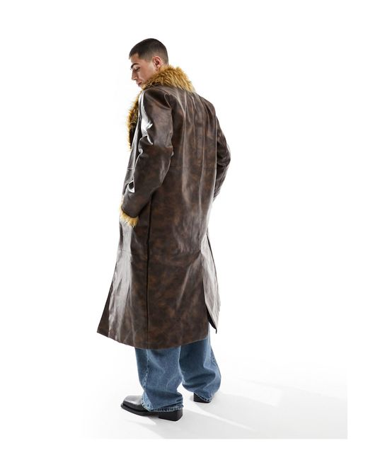 Reclaimed (vintage) Blue Longline Leather Look Trench Coat With Faux Fur Trims for men