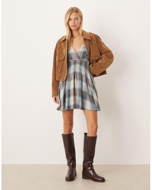 ASOS Gray V Neck Mini Dress With Shirred Waist