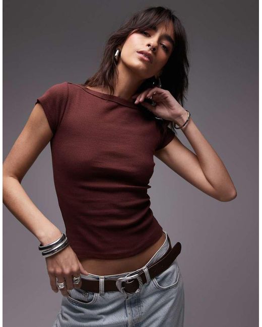 TOPSHOP Brown Jersey Slash Neck Cap Sleeve Top