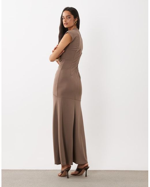 ASOS Brown Ruched Waist Deep V Maxi Dress