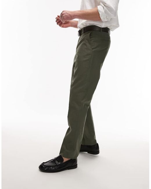 Pantalones De Traje Caquis De Corte Recto De Mezcla De Lino De -Azul Topman de hombre de color White